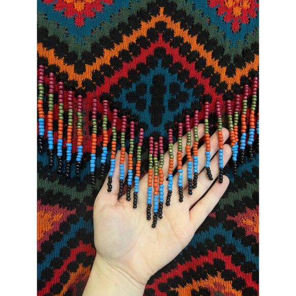 Farm Rio Rauti Beaded Sweater Small Turtleneck Aztec Knit Tassel Multicolor Top - Picture 9 of 11